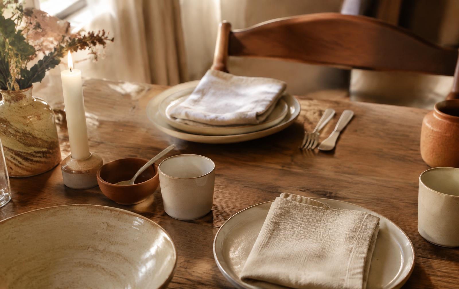 A warmly set farmhouse table with stoneware and linen